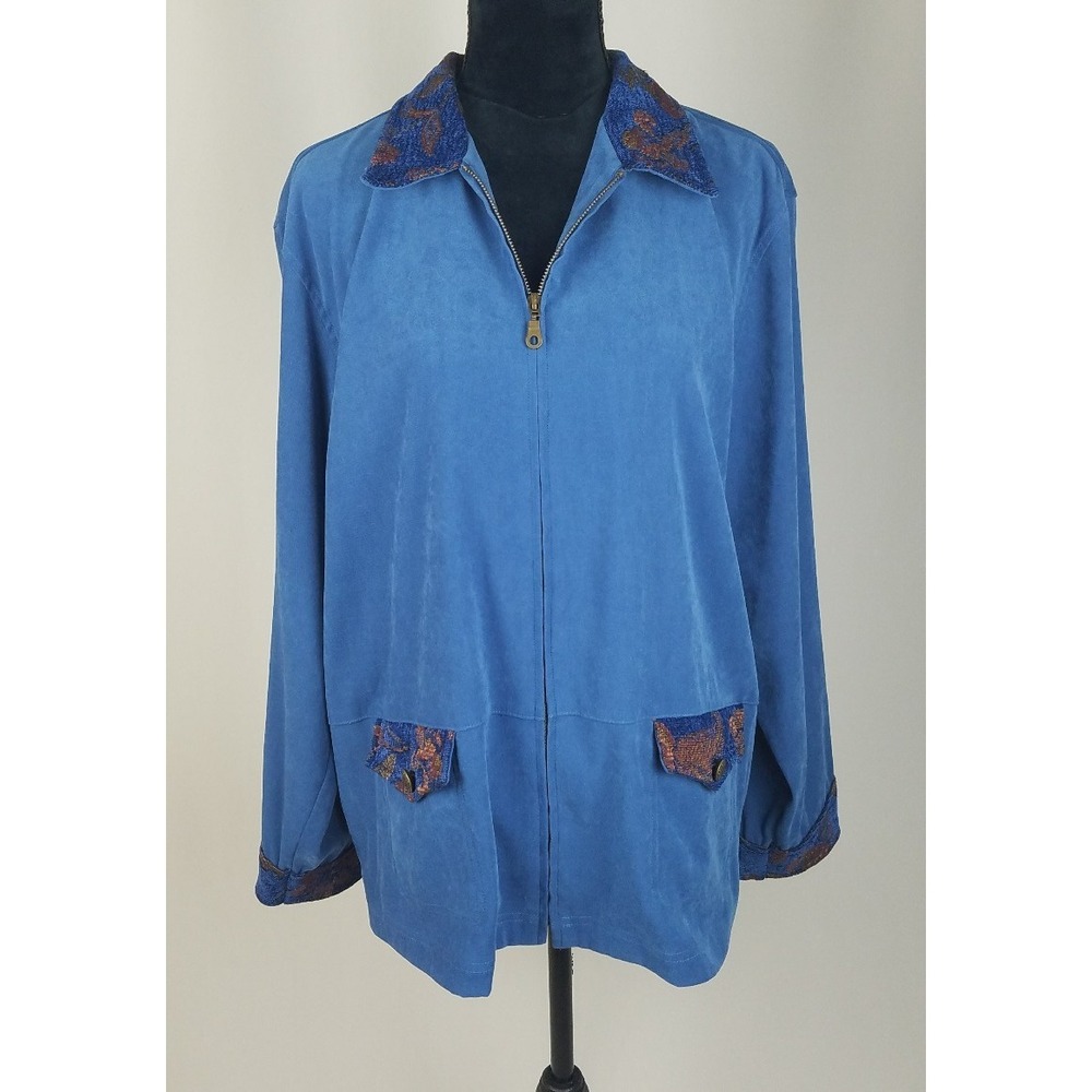 Susan Graver women XL jacket blue tapestry‎ trim stretch moleskin lagenlook Boho